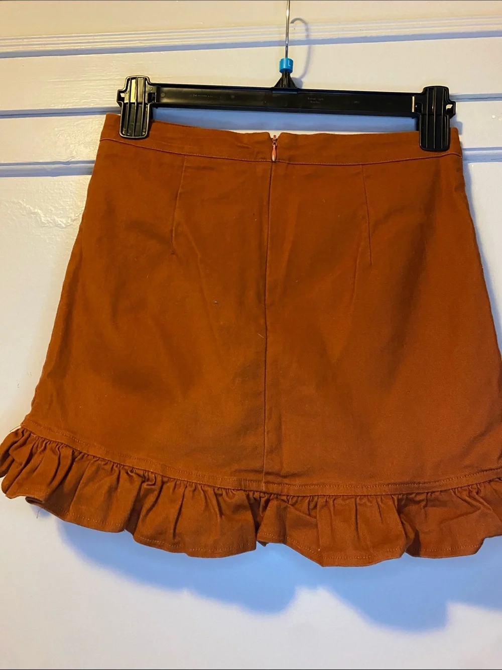 Pink Lily Rust Button-Front Ruffle Hem Mini Skirt with shorts liner/slip